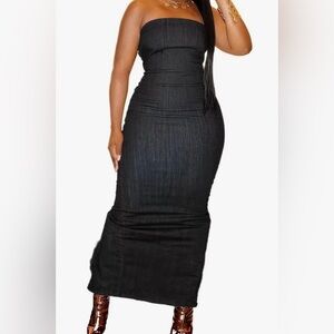 Flamingals Elegant Black Denim Strapless Maxi Dress With Long Back Slit